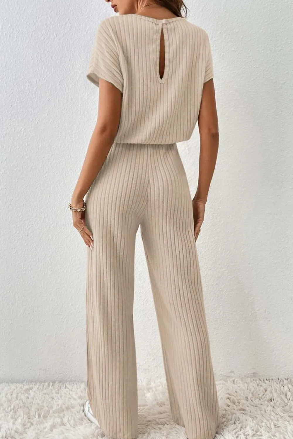 Online Dear-Lover Solid Color Ribbed Short Sleeve Wide Leg Jumpsuit Parchment