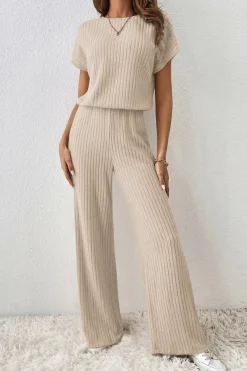 Online Dear-Lover Solid Color Ribbed Short Sleeve Wide Leg Jumpsuit Parchment
