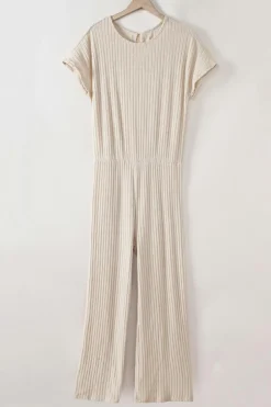 Online Dear-Lover Solid Color Ribbed Short Sleeve Wide Leg Jumpsuit Parchment