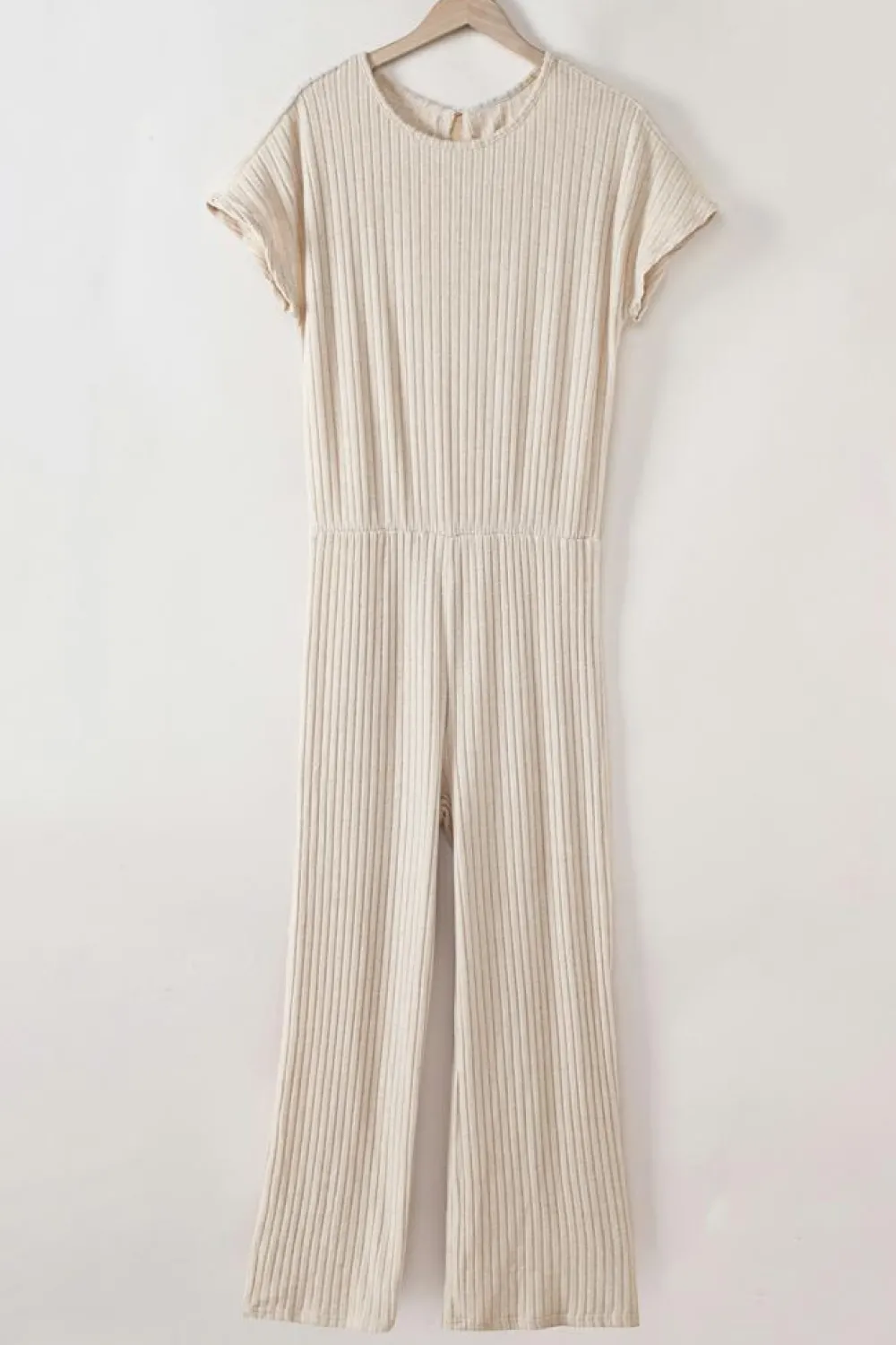 Online Dear-Lover Solid Color Ribbed Short Sleeve Wide Leg Jumpsuit Parchment