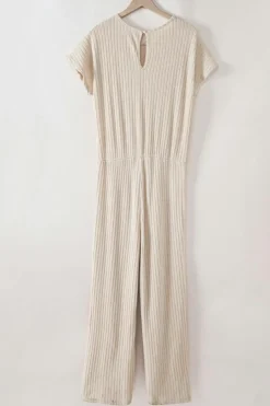 Online Dear-Lover Solid Color Ribbed Short Sleeve Wide Leg Jumpsuit Parchment
