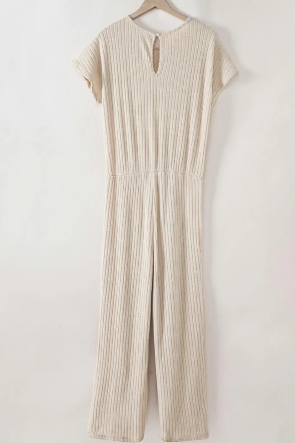 Online Dear-Lover Solid Color Ribbed Short Sleeve Wide Leg Jumpsuit Parchment