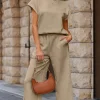 Clearance Dear-Lover Solid Color Textured Short Sleeve Top and Casual Pants Set Parchment