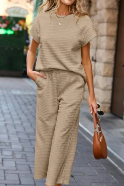 Clearance Dear-Lover Solid Color Textured Short Sleeve Top and Casual Pants Set Parchment