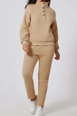 Outlet Dear-Lover Solid Half Button Sweatshirt and High Waist Sweatpants Set Parchment