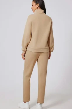Outlet Dear-Lover Solid Half Button Sweatshirt and High Waist Sweatpants Set Parchment