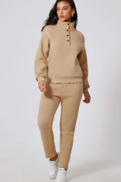 Outlet Dear-Lover Solid Half Button Sweatshirt and High Waist Sweatpants Set Parchment