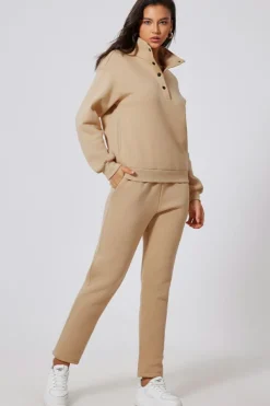 Outlet Dear-Lover Solid Half Button Sweatshirt and High Waist Sweatpants Set Parchment