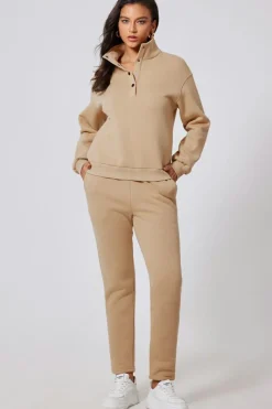 Outlet Dear-Lover Solid Half Button Sweatshirt and High Waist Sweatpants Set Parchment