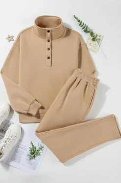 Outlet Dear-Lover Solid Half Button Sweatshirt and High Waist Sweatpants Set Parchment