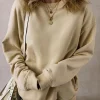 Fashion Dear-Lover Solid Loose Crew Neck Fleece Sweatshirt Parchment