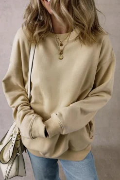 Fashion Dear-Lover Solid Loose Crew Neck Fleece Sweatshirt Parchment