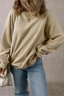 Fashion Dear-Lover Solid Loose Crew Neck Fleece Sweatshirt Parchment