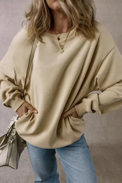 Fashion Dear-Lover Solid Loose Crew Neck Fleece Sweatshirt Parchment