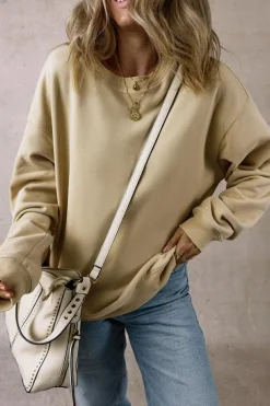 Fashion Dear-Lover Solid Loose Crew Neck Fleece Sweatshirt Parchment