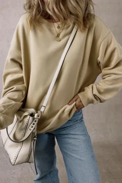 Fashion Dear-Lover Solid Loose Crew Neck Fleece Sweatshirt Parchment