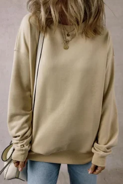 Fashion Dear-Lover Solid Loose Crew Neck Fleece Sweatshirt Parchment