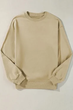 Fashion Dear-Lover Solid Loose Crew Neck Fleece Sweatshirt Parchment