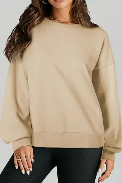 Fashion Dear-Lover Solid O Neck High Low Hem Pullover Sweatshirt Parchment