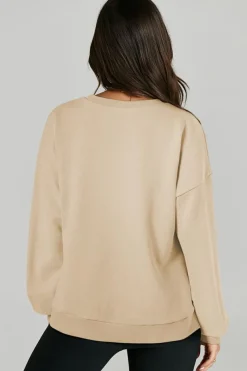 Fashion Dear-Lover Solid O Neck High Low Hem Pullover Sweatshirt Parchment