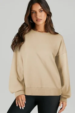 Fashion Dear-Lover Solid O Neck High Low Hem Pullover Sweatshirt Parchment