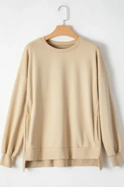Fashion Dear-Lover Solid O Neck High Low Hem Pullover Sweatshirt Parchment