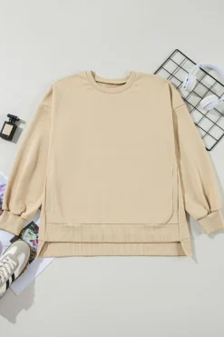 Fashion Dear-Lover Solid O Neck High Low Hem Pullover Sweatshirt Parchment