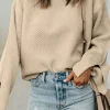 Sale Dear-Lover Solid Textured Knit Split Cuff Drop Shoulder Loose Sweater Parchment