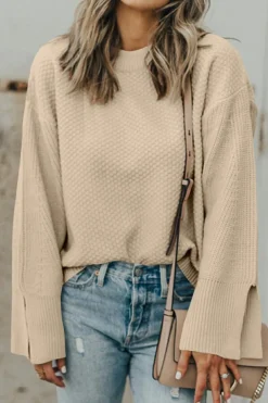 Sale Dear-Lover Solid Textured Knit Split Cuff Drop Shoulder Loose Sweater Parchment