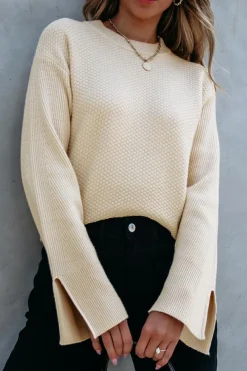 Sale Dear-Lover Solid Textured Knit Split Cuff Drop Shoulder Loose Sweater Parchment