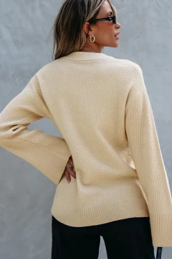 Sale Dear-Lover Solid Textured Knit Split Cuff Drop Shoulder Loose Sweater Parchment