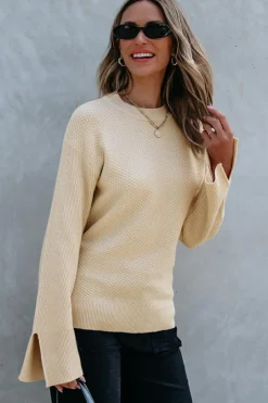Sale Dear-Lover Solid Textured Knit Split Cuff Drop Shoulder Loose Sweater Parchment