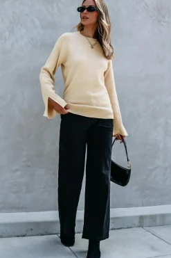 Sale Dear-Lover Solid Textured Knit Split Cuff Drop Shoulder Loose Sweater Parchment
