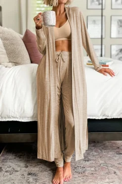 Online Dear-Lover Split Long Cardigan and Skinny Pants Lounge Set Parchment