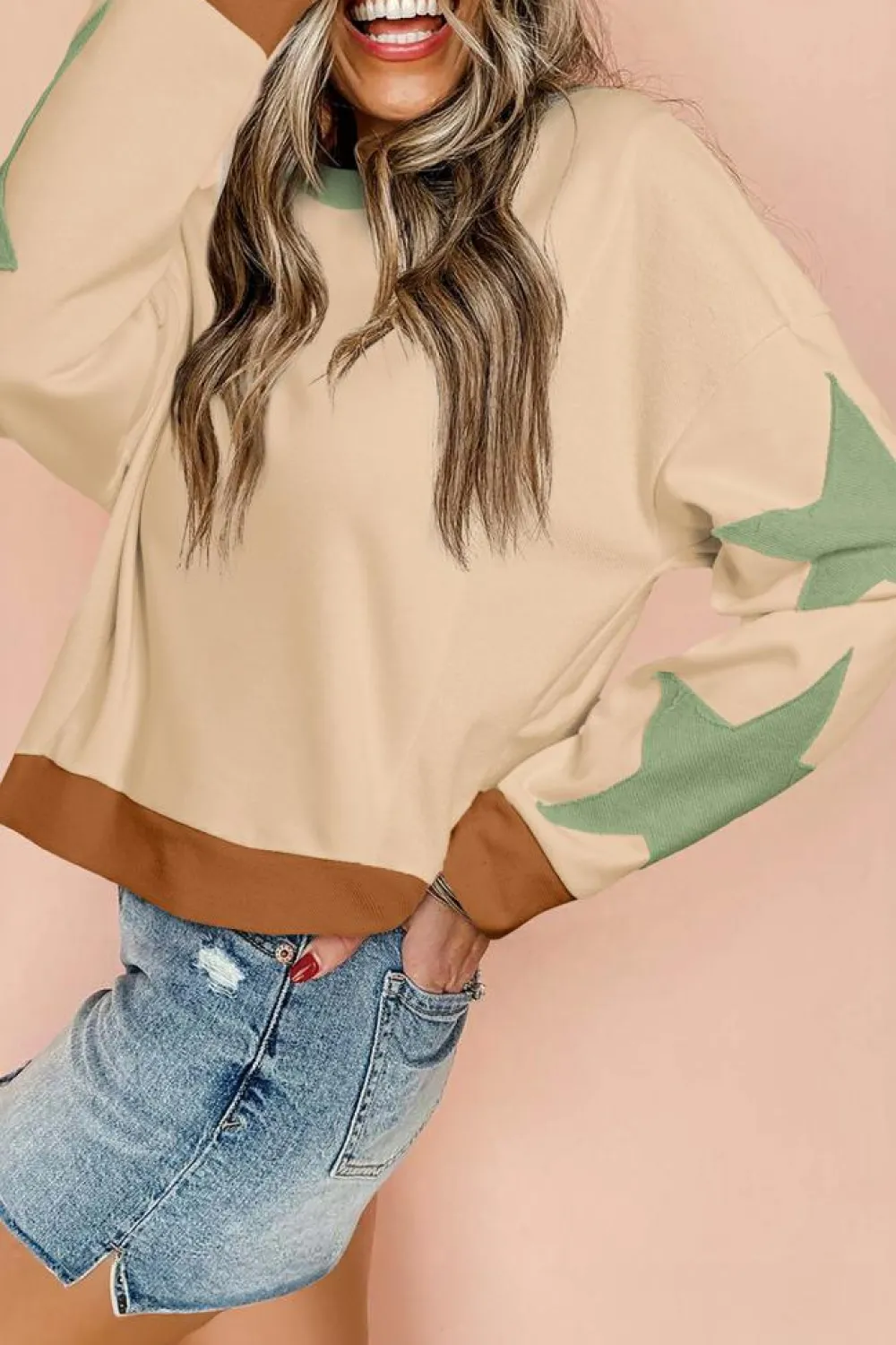 Clearance Dear-Lover Star Patchwork Exposed Seam Oversized Sweatshirt Parchment