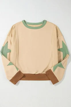 Clearance Dear-Lover Star Patchwork Exposed Seam Oversized Sweatshirt Parchment