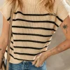 Sale Dear-Lover Striped Ribbed Knit High Neck Sweater Parchment