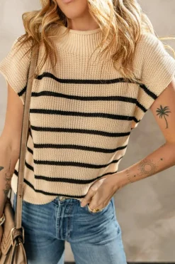 Sale Dear-Lover Striped Ribbed Knit High Neck Sweater Parchment