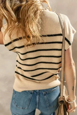 Sale Dear-Lover Striped Ribbed Knit High Neck Sweater Parchment