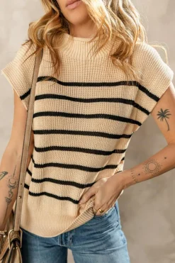 Sale Dear-Lover Striped Ribbed Knit High Neck Sweater Parchment