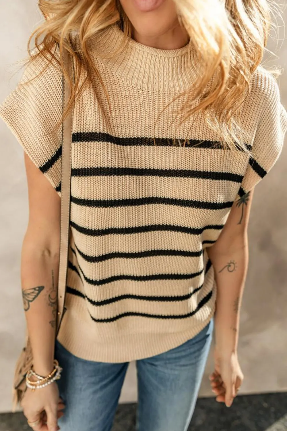 Sale Dear-Lover Striped Ribbed Knit High Neck Sweater Parchment