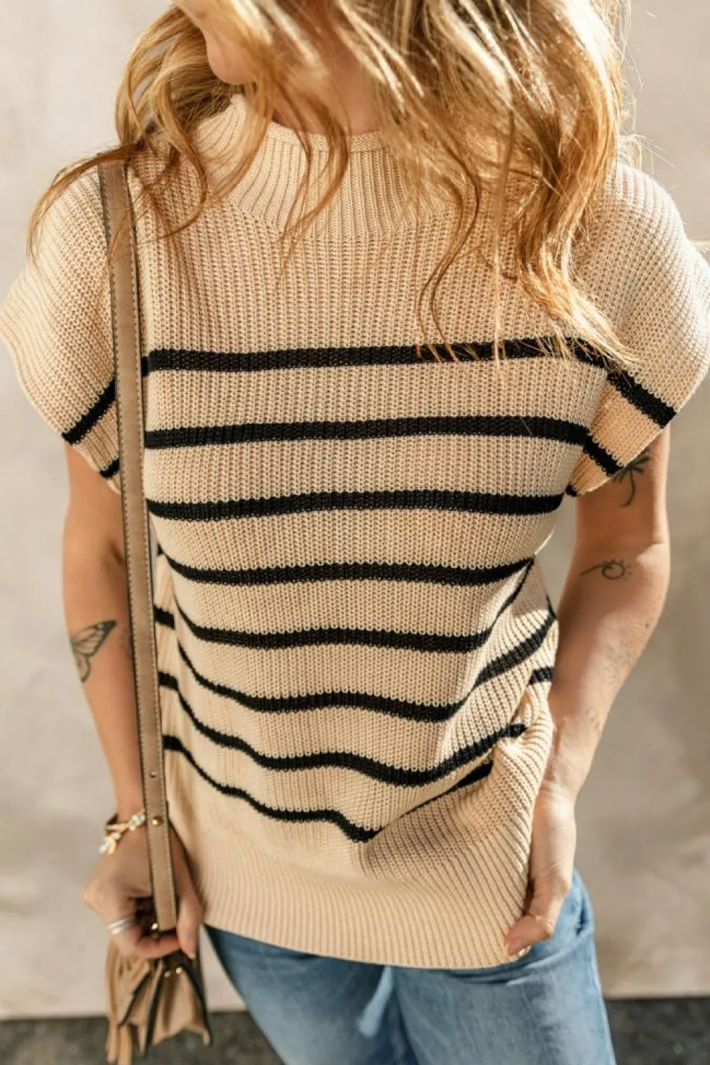 Sale Dear-Lover Striped Ribbed Knit High Neck Sweater Parchment