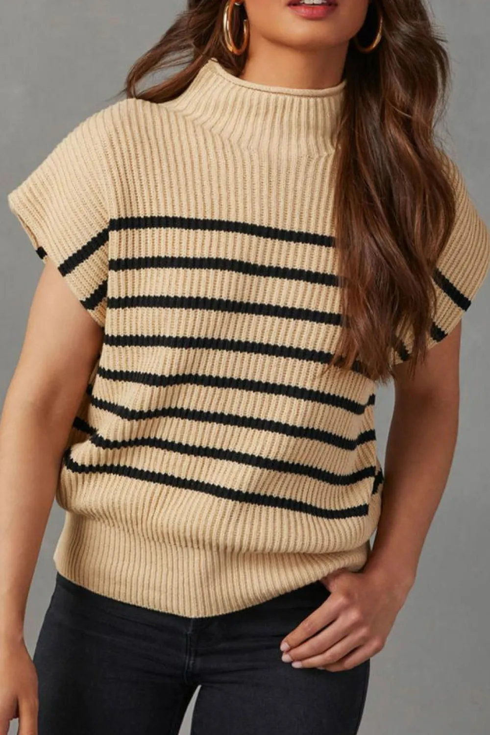 Sale Dear-Lover Striped Ribbed Knit High Neck Sweater Parchment