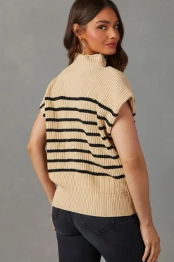 Sale Dear-Lover Striped Ribbed Knit High Neck Sweater Parchment