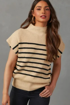 Sale Dear-Lover Striped Ribbed Knit High Neck Sweater Parchment