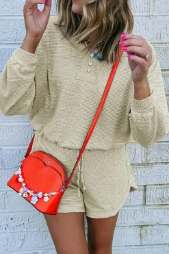 Sale Dear-Lover Textured Buttoned Long Sleeve Top 2 Piece Shorts Set Parchment