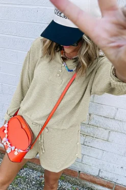 Sale Dear-Lover Textured Buttoned Long Sleeve Top 2 Piece Shorts Set Parchment