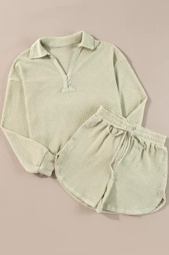 Sale Dear-Lover Textured Buttoned Long Sleeve Top 2 Piece Shorts Set Parchment