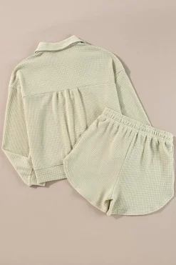 Sale Dear-Lover Textured Buttoned Long Sleeve Top 2 Piece Shorts Set Parchment