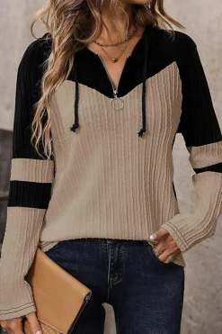 New Dear-Lover Textured Colorblock Long Sleeve Quarter Zip Drawstring Hooded Top Parchment